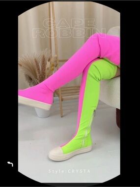 Cape Robbin CRYSTA Neon Pink and Neon Green Over-the-Knee Sock Boots